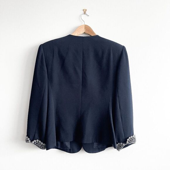 Albert Nipon Evening Navy Jacket Blazer Sequin & Beading On Lapels Cuffs Sz 14 - Picture 2 of 8